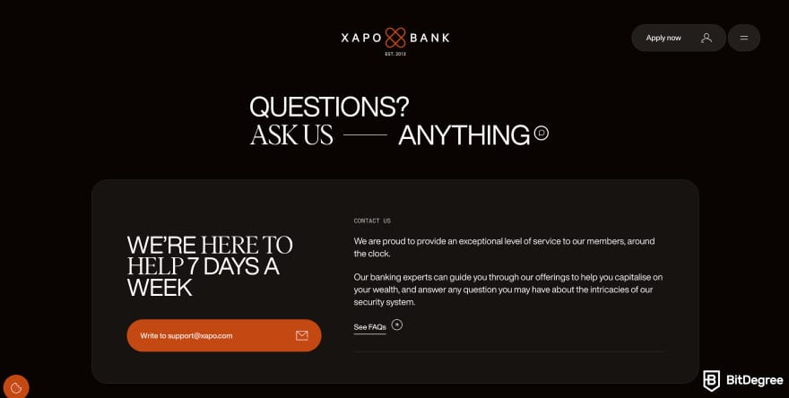 Xapo bank review: the front page of the bank's website.