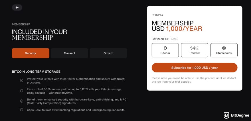 Xapo bank review: membership payment.