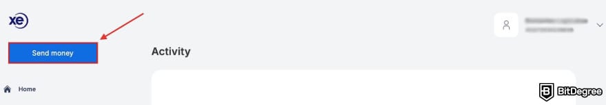 Xe review: a red arrow pointing to the [Send money] button on Xe's dashboard.