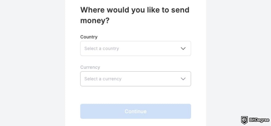Xe review: Xe asking you where you would like to send the money.