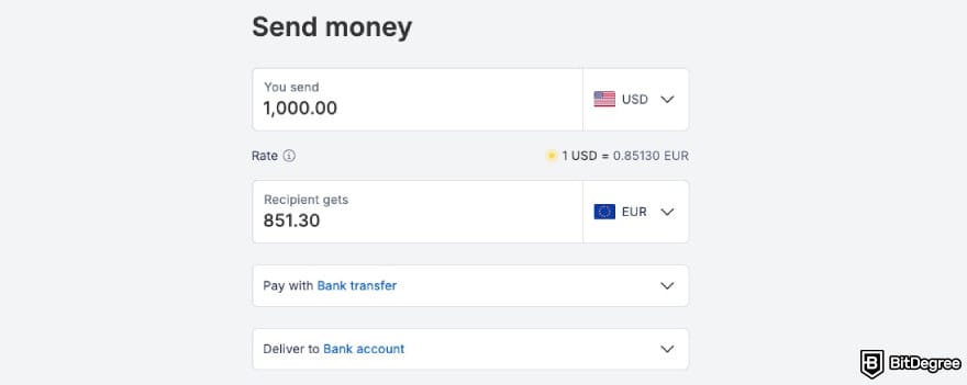 Xe review: Xe asking you to enter the send amount, select payment and delivery method.