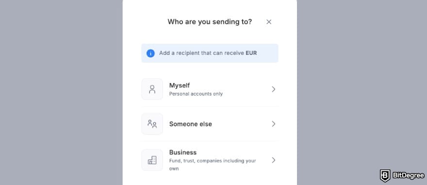 Xe review: Xe asking you to select who you are sending the funds to.