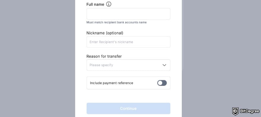 Xe review: Xe asking you to fill out the recipients details.
