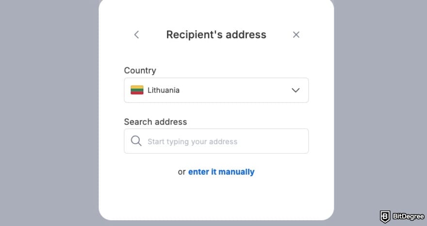 Xe review: Xe asking you to select the recipient's address.