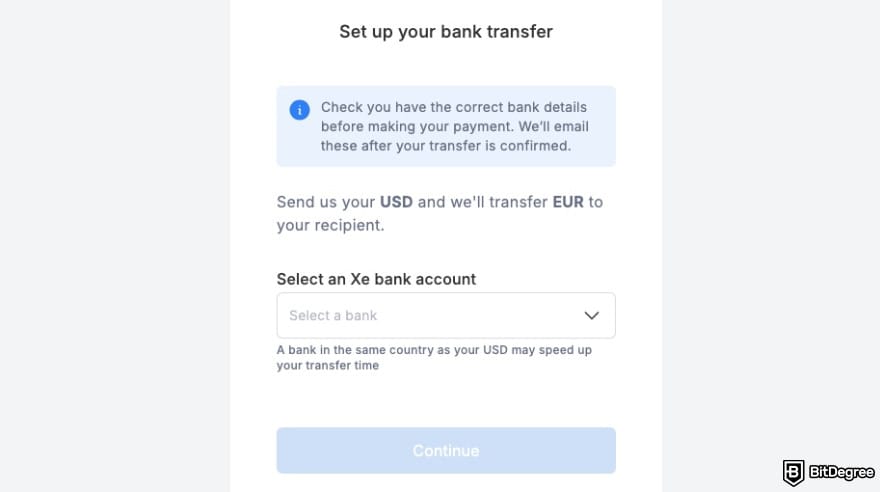 Xe review: Xe asking you to choose Xe's bank account.