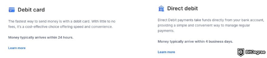 Xe review: Xe displaying how long it takes to send debit card transfer and direct debit.