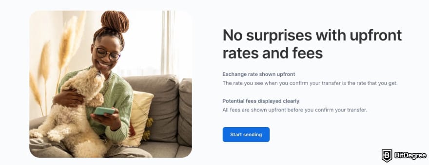 Xe review: Xe displaying their upfront rate and fee.