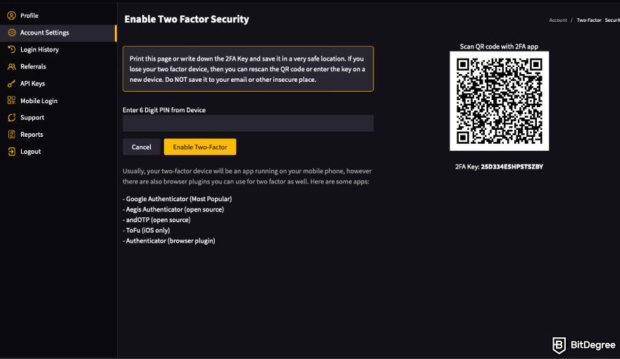 XeggeX exchange review: a screenshot of XeggeX 2FA setup process.