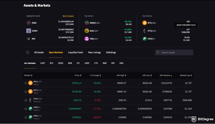 XeggeX exchange review: a screenshot of XeggeX cryptocurrency selection.