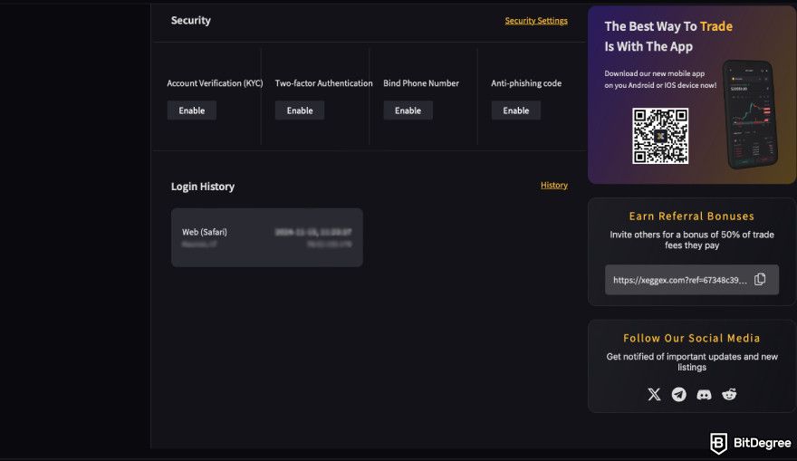 XeggeX exchange review: a screenshot of XeggeX security settings.