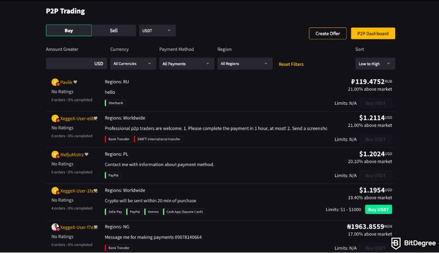 XeggeX exchange review: a screenshot of XeggeX P2P platform.