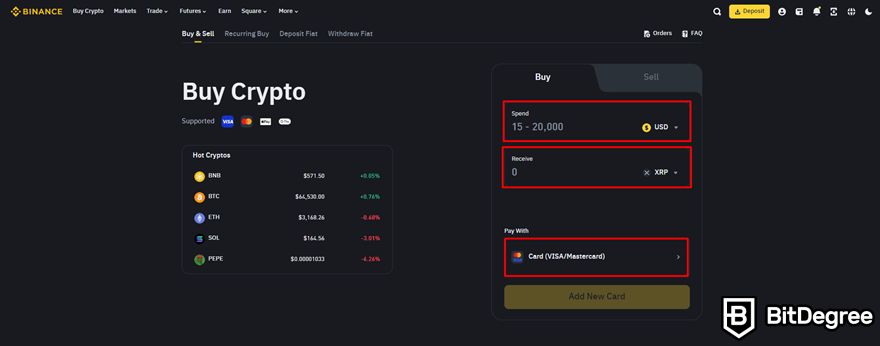 XRP staking: Buy Crypto page on Binance with highlights on the Spend, Receive, and Pay with boxes.