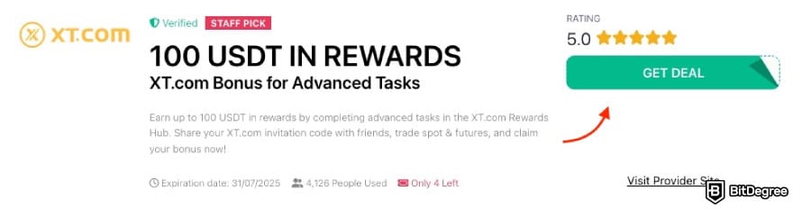 XT.com referral code: a red arrow pointing to the [GET DEAL] button on BitDegree's page.