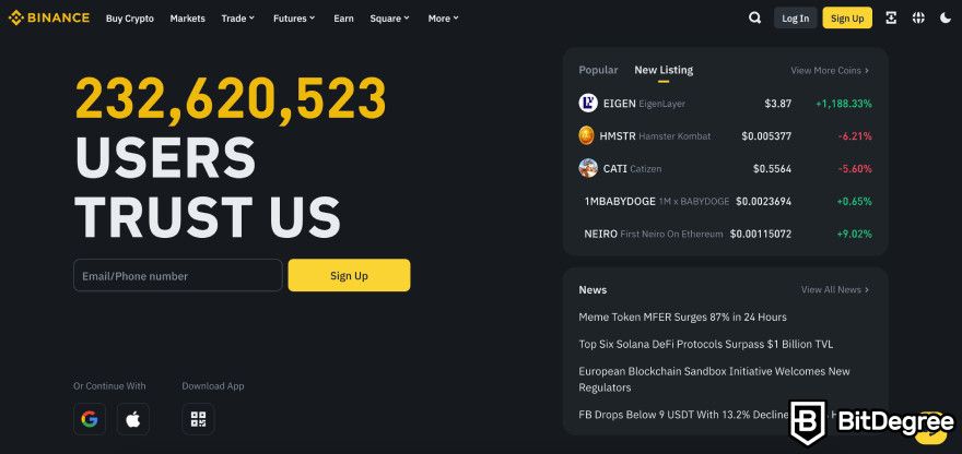 Yescoin airdrop: Binance homepage.