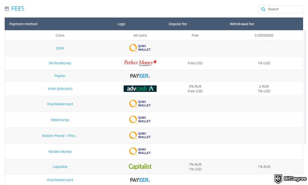 YoBit review: a table listing different payment methods and their associated fees on YoBit.