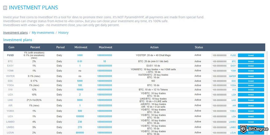 YoBit review: the page for InvestBox on YoBit's website.