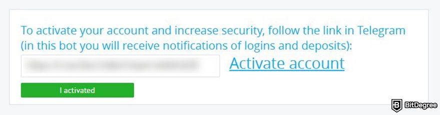 YoBit review: a message notifying YoBit user to activate their account via Telegram.