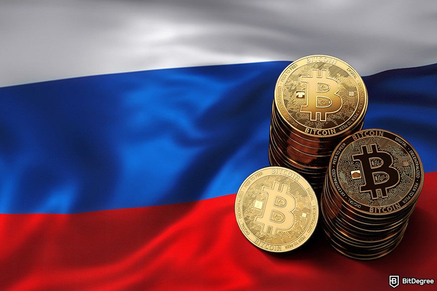 YoBit review: stacks of BTC coin on a Russian flag.