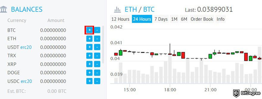 YoBit review: a part of YoBit's trading interface with the + button to deposit funds highlighted.