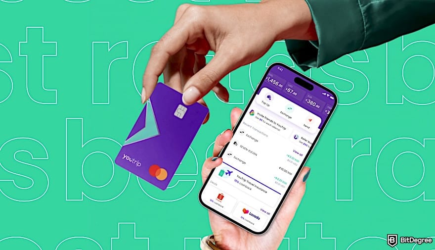 YouTrip review: hands holding YouTrip card and a phone showing the YouTrip app dashboard with recent transactions.