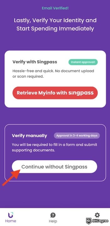 YouTrip review: an arrow pointing out the [Continue without Singpass] menu on YouTrip's app.