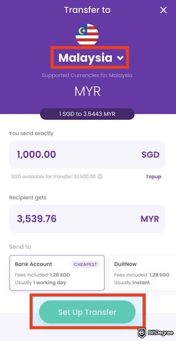 YouTrip review: the currency converter on YouTrip's app, with the [Set Up Transfer] button outlined.