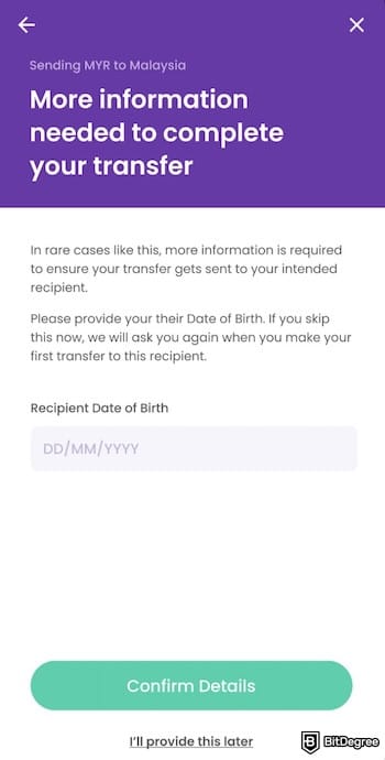 YouTrip review: confirming the recipient's birthday.
