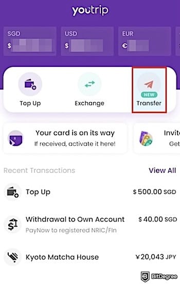 YouTrip review: the [Transfer] button on YouTrip's app.