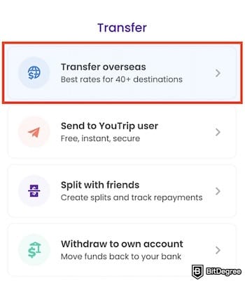 YouTrip review: the [Transfer overseas] menu on YouTrip's app outlined.