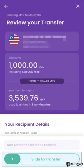 YouTrip review: the [Slide to Transfer] button on YouTrip's app.