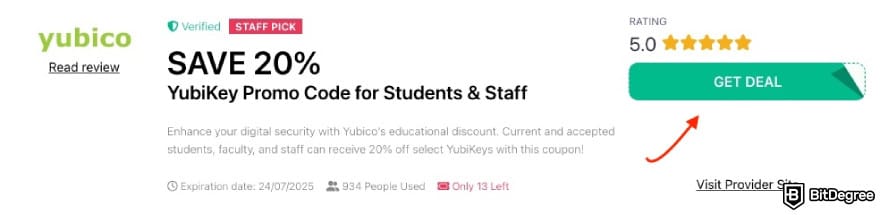 YubiKey promo code: a red arrow pointing to the [GET DEAL] button on BitDegree's page.
