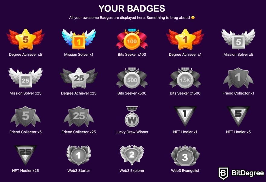 Zealy review: BitDegree Exam badges.