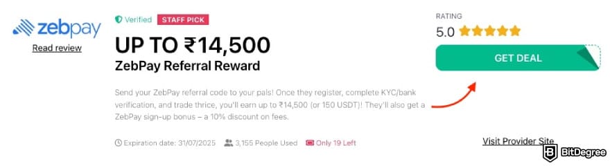 ZebPay referral code: a red arrow pointing to the [GET DEAL] button on BitDegree's page.