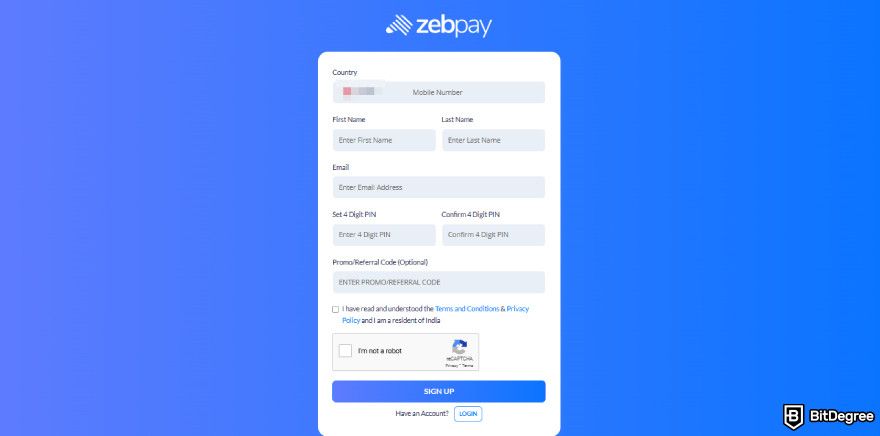 ZebPay review: registration page.