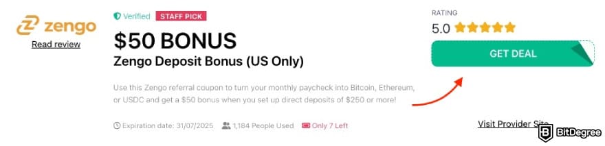 Zengo referral code: a red arrow pointing to the [GET DEAL] button on BitDegree's page.