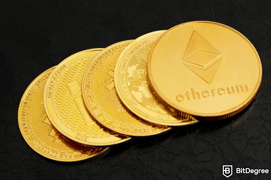 Zero knowledge proof: five Ethereum coins stacked on top of each other.