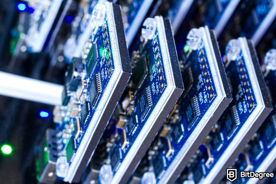 Zero knowledge proof: a close-up of a row of blue circuit boards.