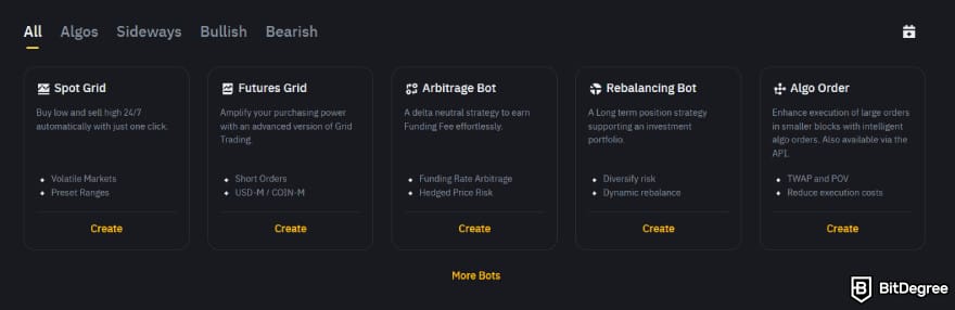 Zignaly review: Binance's trading bot types.