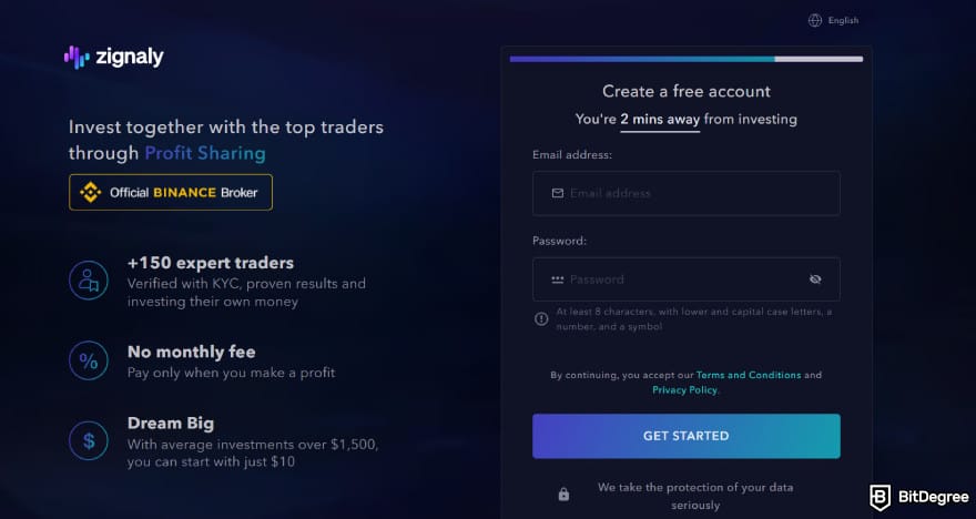 Zignaly review: a page to create a free account.