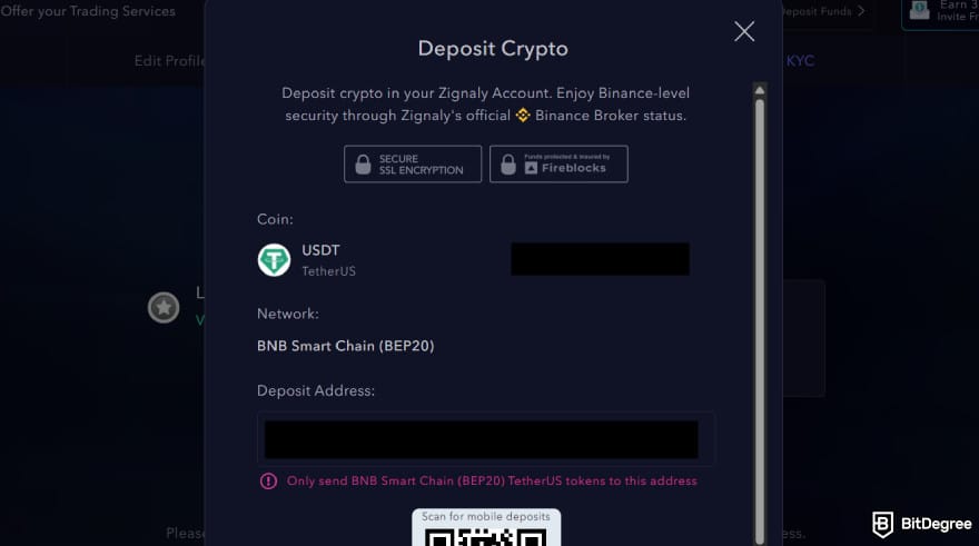 Zignaly review: the Deposit Crypto window.
