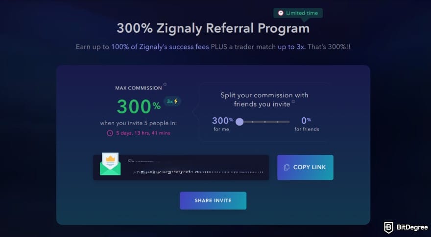 Zignaly review: the 300% Zignaly referral program.