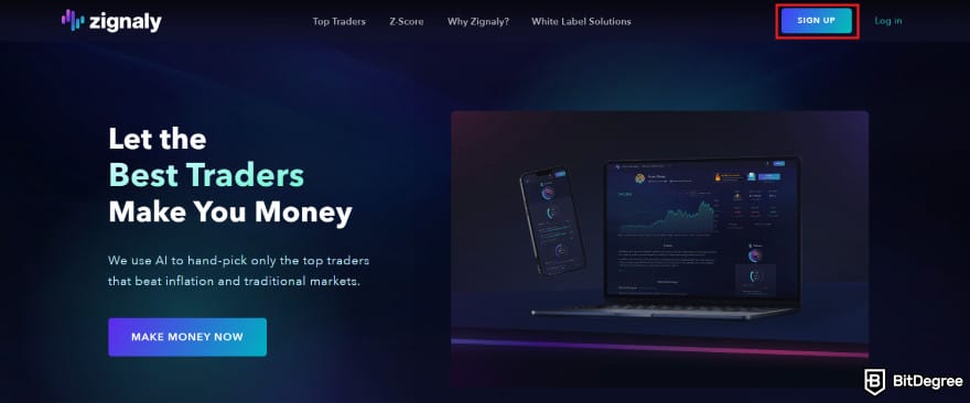 Zignaly review: the [Sign Up] button at the top right of the homepage.
