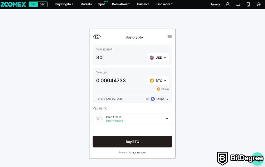 Zoomex review: crypto purchasing page on Zoomex powered by Onramper.