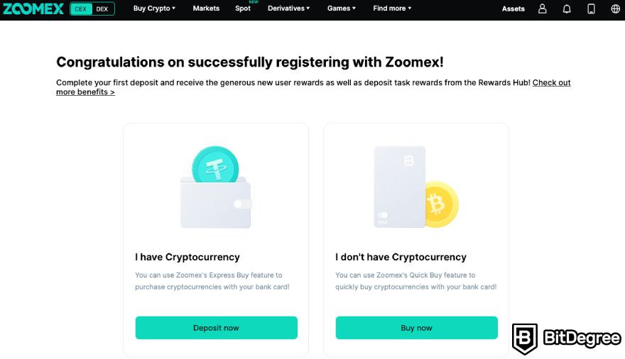 Zoomex review: successful account creation window.