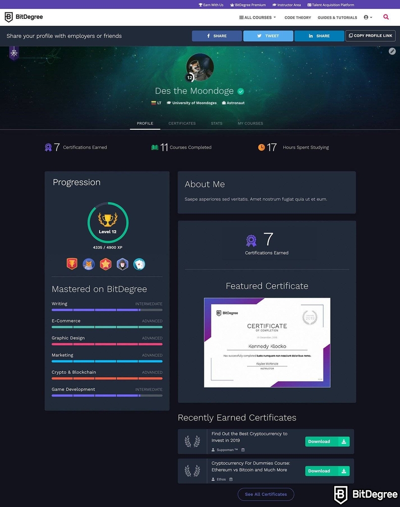 Is BitDegree worth it: BitDegree user interface. 