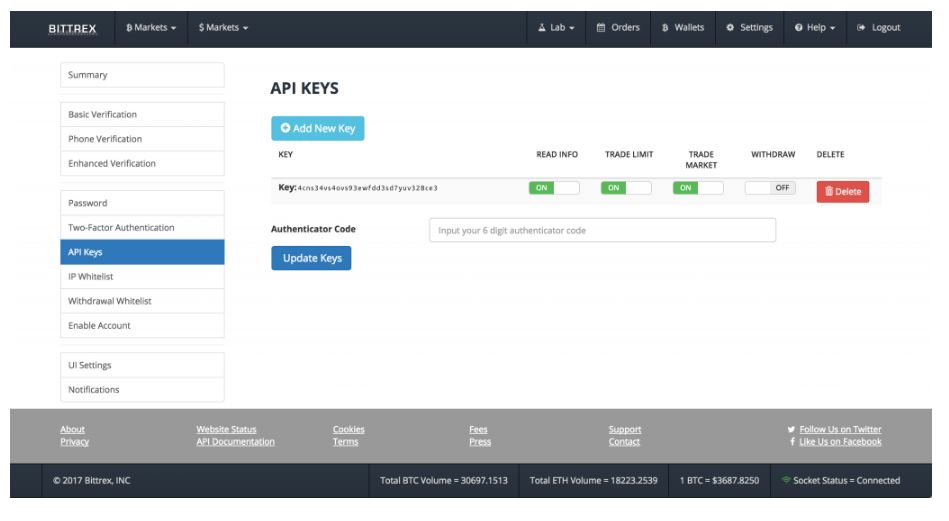 Resenha da Bittrex: chaves API.