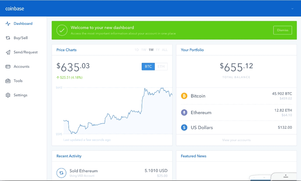 Coinbase отзывы: панель управления.