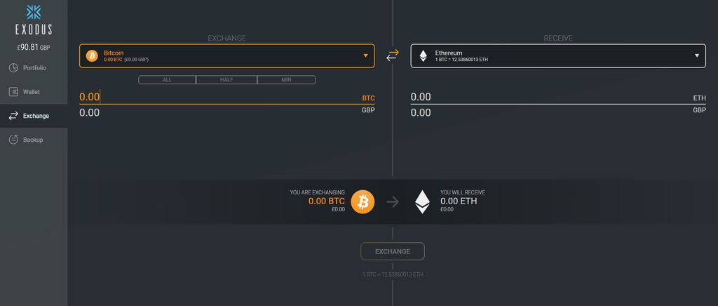 Análise da Exodus: trocando Bitcoin e Ethereum.