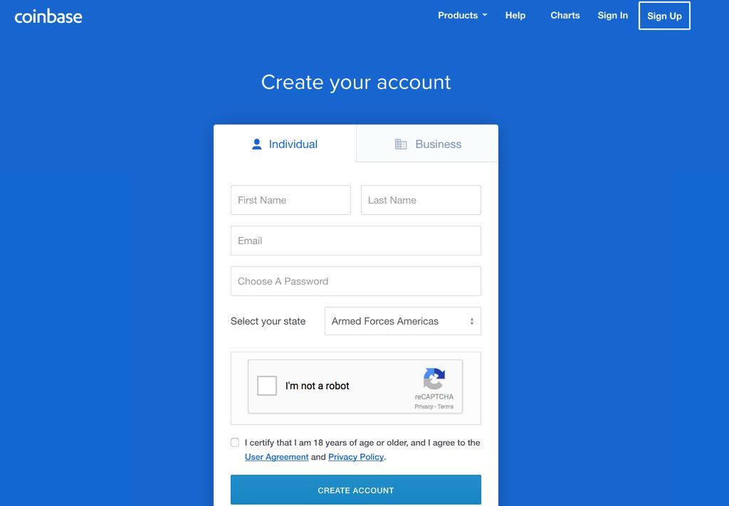 Instructions on how to sign up on Coinbase
