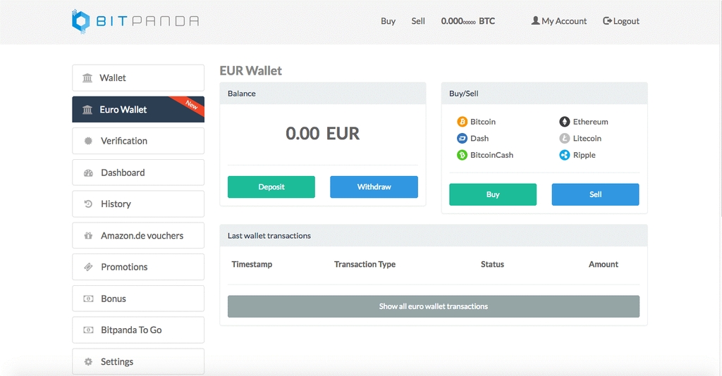 BitPanda wallet for fiat money and cryptocurrency